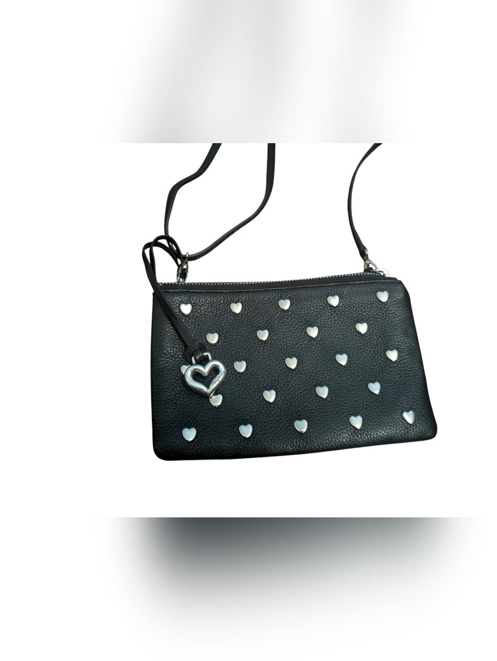 BRIGHTON Black Leather Heart-Stud Crossbody Bag Y2K